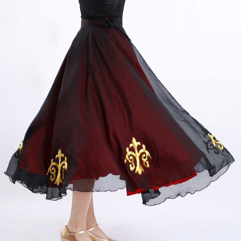 Falda de práctica de baile de Xinjiang, falda grande, falda de examen de arte occidental, Falda de baile de media longitud roja y negra