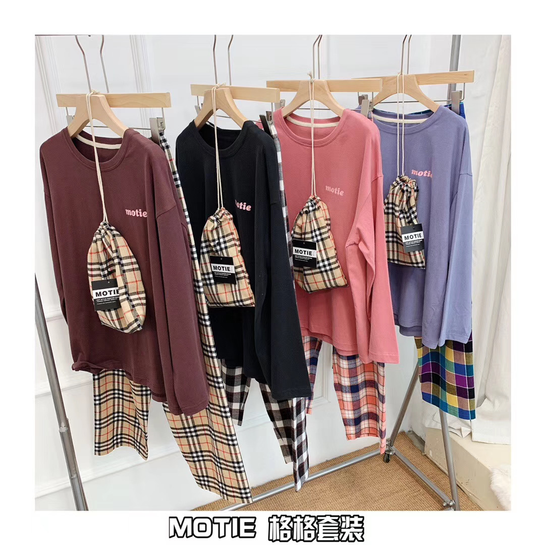 格格套裝MOTIE末帖正品純棉秋冬款長袖家居服撞色百搭宅女睡衣