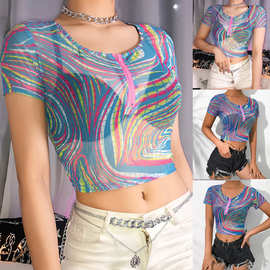 2019新款亚马逊欧美酷夏防晒凉爽网纱T恤沙滩泳衣印花短袖女装