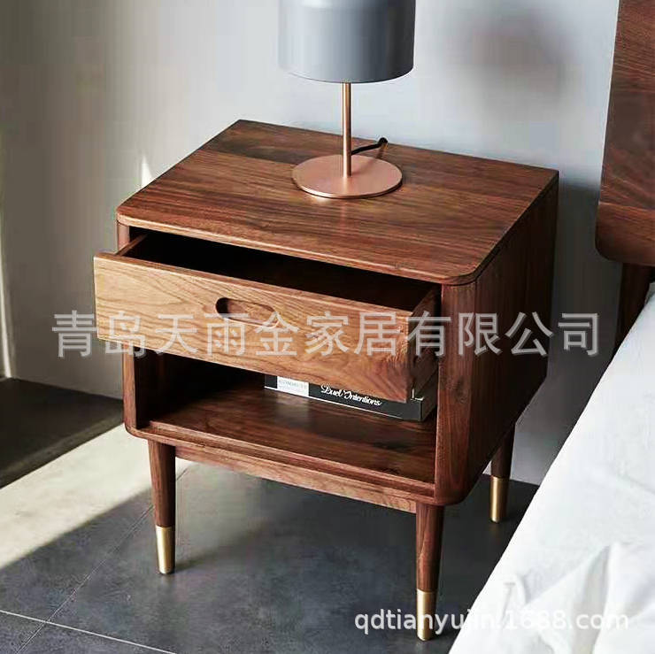 包郵 北美胡桃實木家具 星光單抽黑胡桃床頭櫃銅套腳收納小邊櫃