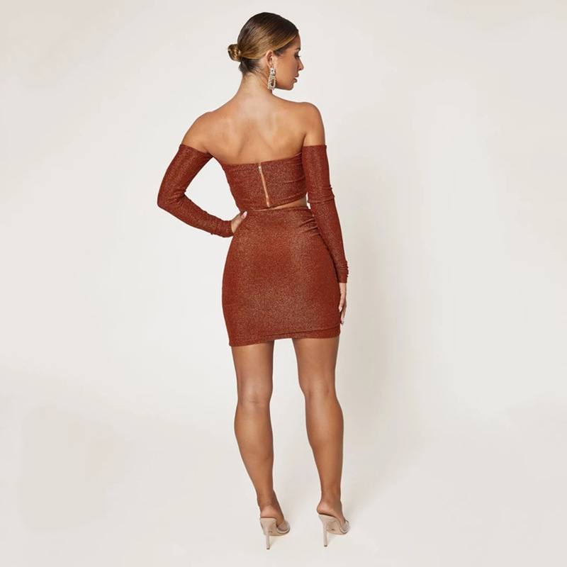 Gold Silk Off Shoulder Crop Top & Skirt Set NSYBN44366