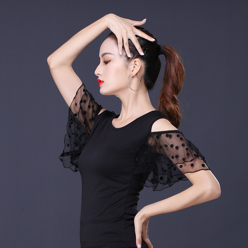 Women black Latin dance tops for female practice dance clothes modern ballroom dance tops rumba salsa chacha lace short-sleeved dance clothes