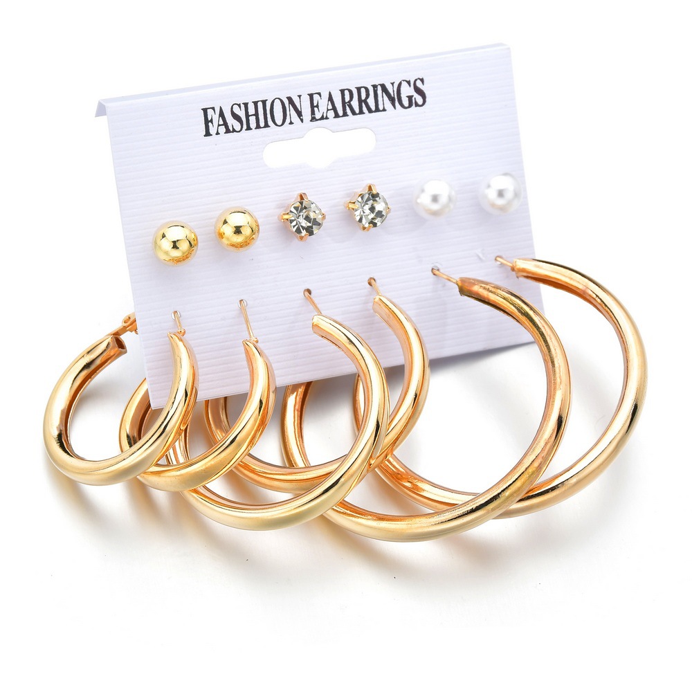 New Fashion Rhinestone Pearl Large Hoop Earrings 6 Piece Set Fashion Exaggerated Earrings Set Wholesale display picture 4