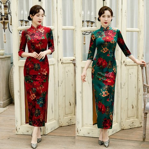 Chinese Dresses Qipao for women robe chinoise cheongsam Cashmere sleeve long cheongsam large size dress one piece of cheongsam top for women