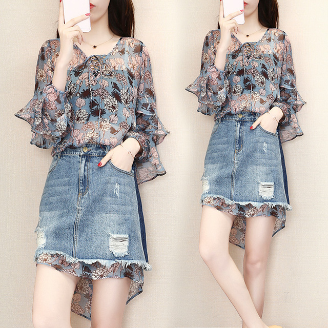 Fashion Suit Female Summer 2019 Chiffon Shirt Jeans Button Half-length Skirt Two-piece Dress Temperament Trend