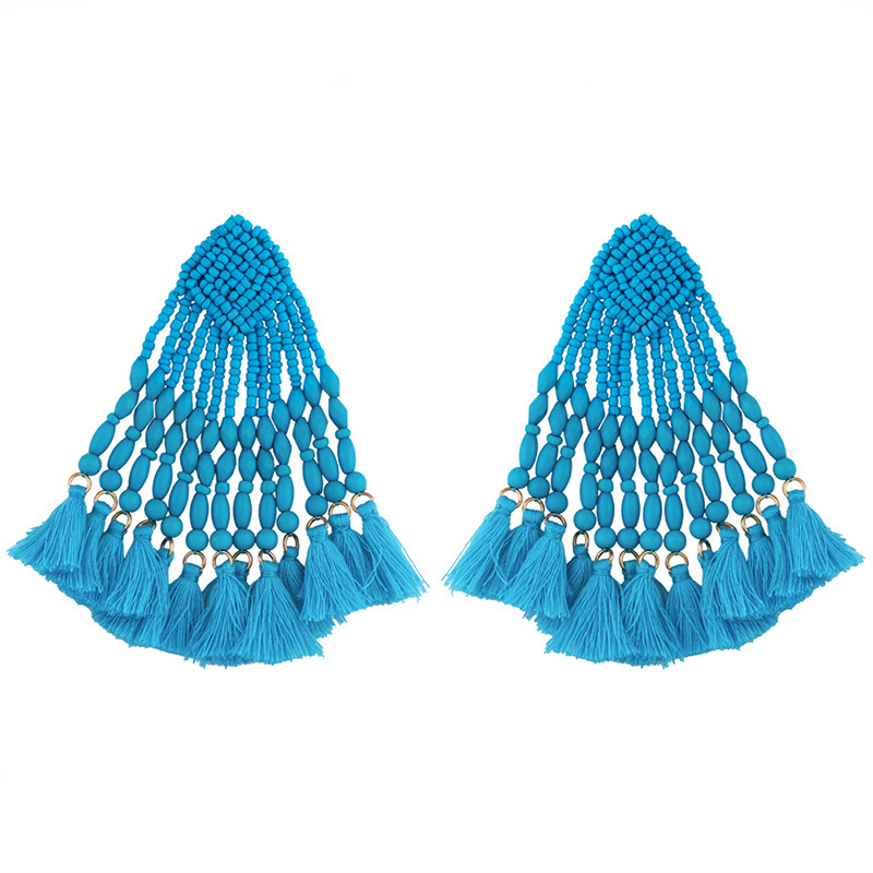 Bohemian Hand-woven Long Geometric Rice Beads Tassel Earrings display picture 1