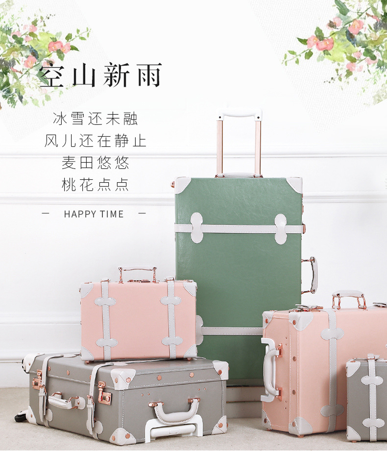 Vali kéo vintage da màu xanh lá cây 20 inch bánh xe xoay 360 độ, kèm hộp quà tặng — trà xanh matcha chi tiết 1