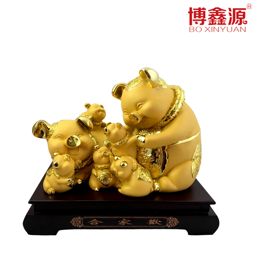 合家欢猪摆件电镀树脂工艺礼品家居装饰 商务送礼办公室桌面摆设