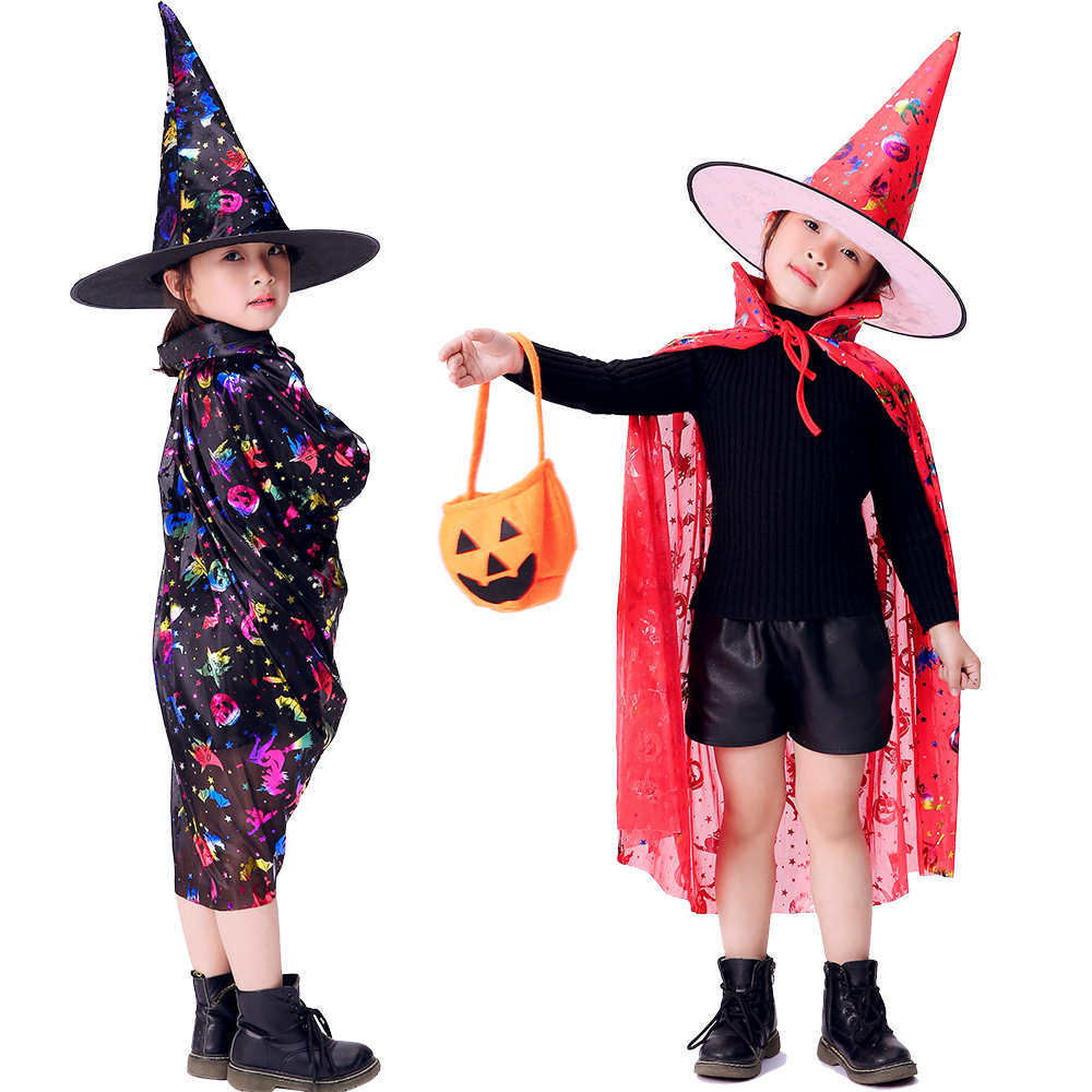 Nuevo capas de Halloween para niños cosplay magia bruja sombrero capas de jardín de infantes espectáculo vestuario