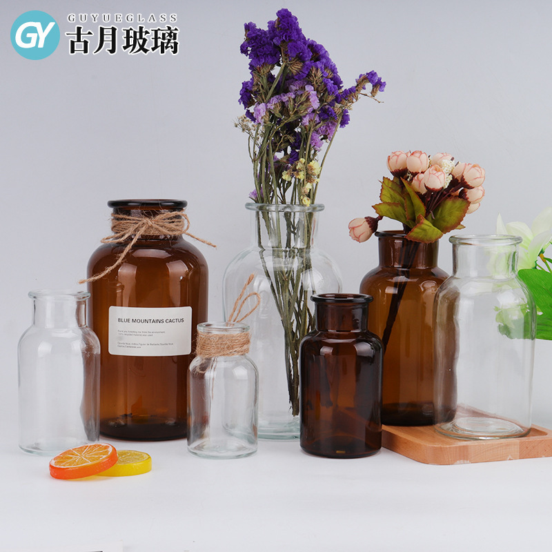 简约透明彩色玻璃水培干花花瓶居家装饰摆件拍摄道具广口试剂花瓶