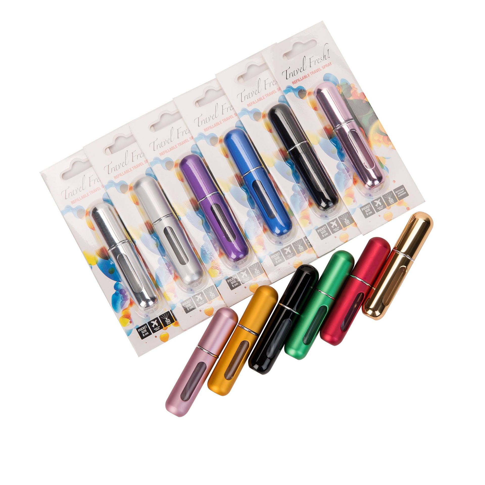 Venta directa de fábrica, botella de perfume de 5 ml con llenado desde la parte inferior, botella vacía para dispensar líquidos, empaque en caja blíster de cartón de colores.