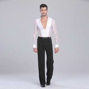  Men's lace rhinestones latin dance body shirts long sleeves v neck ballroom waltz tango dance body tops 