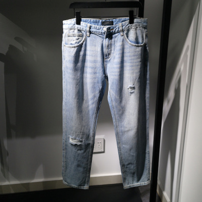 2019春新品男士潮流直筒破洞浅色牛仔长裤|ru