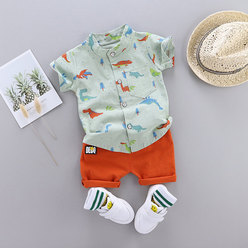 Summer children's clothing wholesale set dropshipping kids fashionable all-over printed dinosaur short-sleeved shirt and shirt set trendy