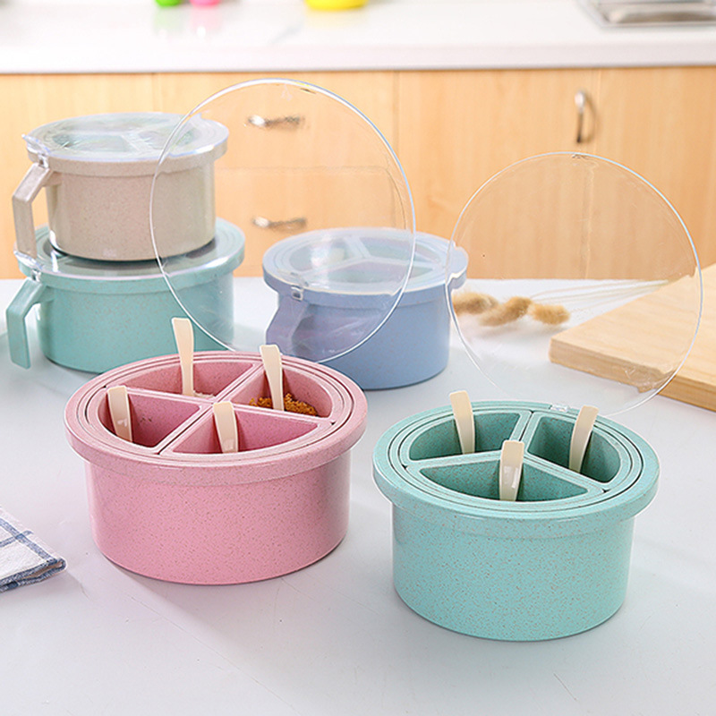 厨房创意多格调料罐简约圆形可拆卸调料盒带勺子 秸秆环保调味盒|ms