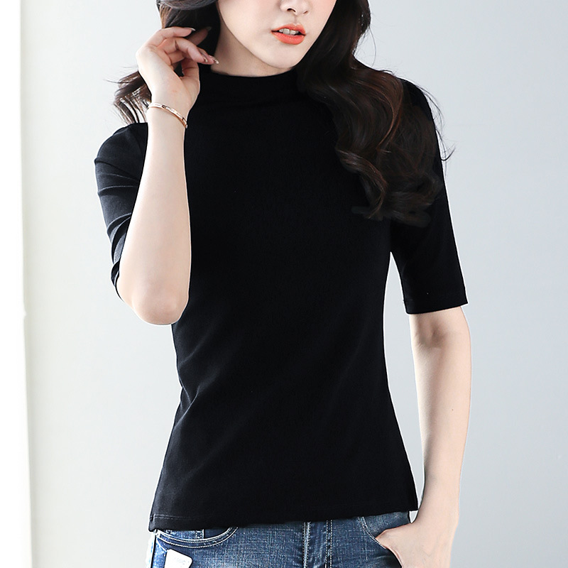 봄과 가을 작은 칼라 중간 소매 티셔츠 여성용 반소매 한국 검은 기지 셔츠 내부 기지