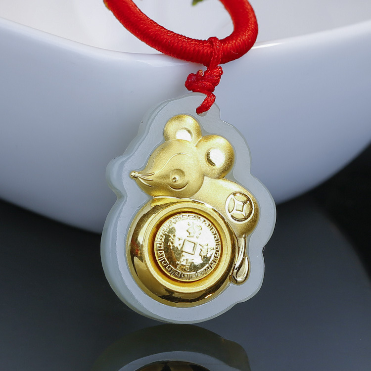 新款金鑲玉 和田玉發財鼠 鼠年鑲足金福鼠轉運吊墜 批發