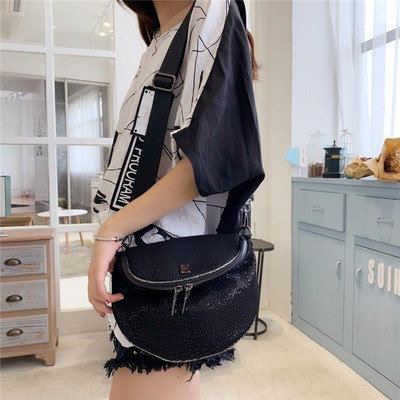 2020新款女包韩版双拉头亮片网布单肩斜挎包休闲包 宽肩带马鞍包|ru
