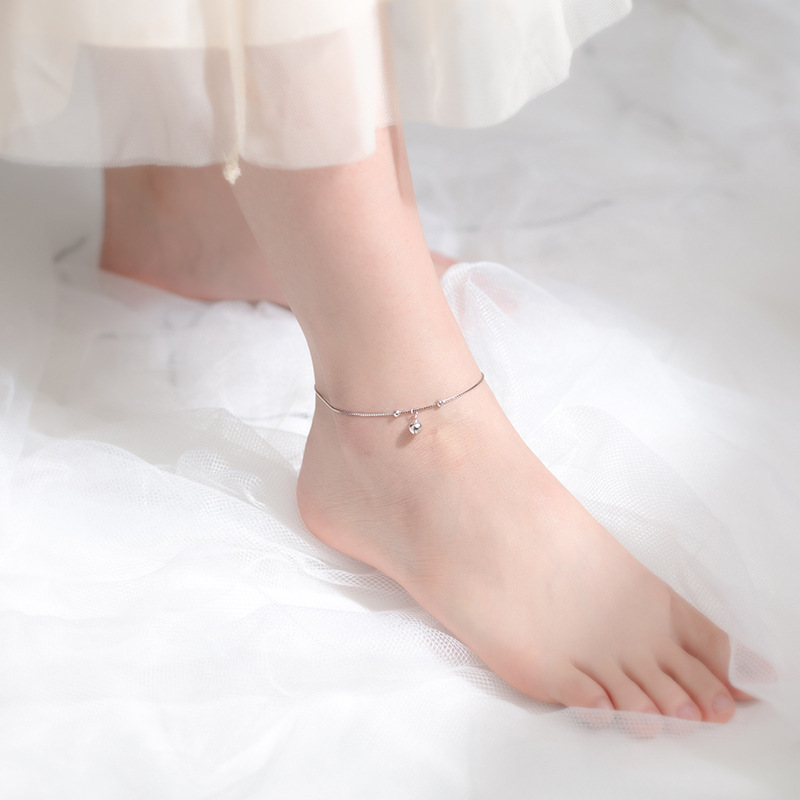 s925银脚链女日系风简约铃铛甜美光珠豆豆可爱圆形脚饰品S3001
