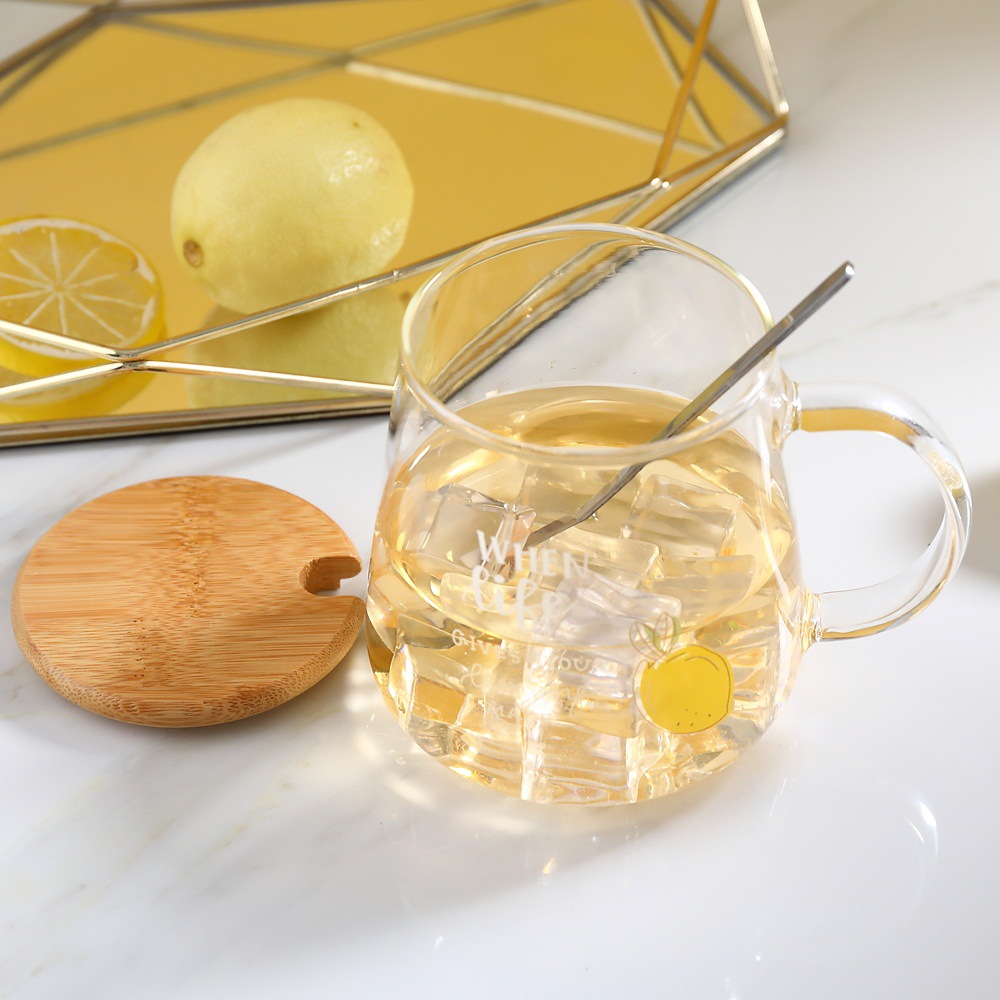 Simple creativo limón taza de cristal con tapa Cuchara regalo transparente beber fruta resistente a altas temperaturas