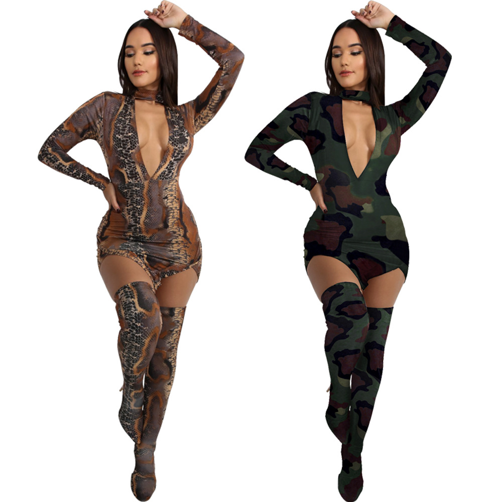 Deep V Printed Long Sleeve Stocking Two-piece Set Nihaostyles wholesale clothing vendor NSTYF72944