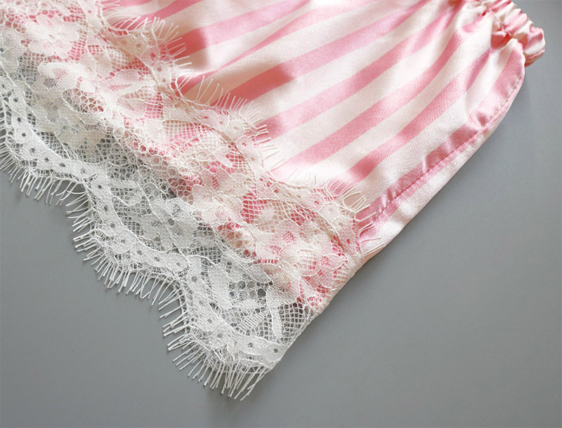 Sexy Satin Pink Striped Lace Three-Piece Underwear NSYO8669