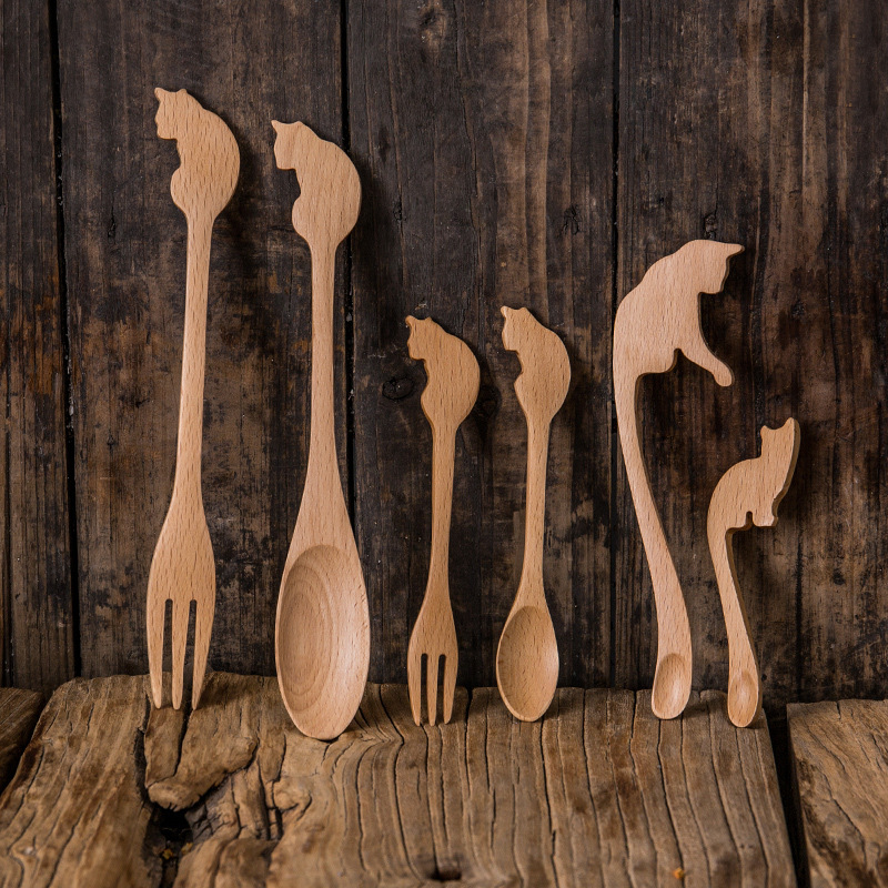 儿童木勺日式实木卡通叉勺餐具创意个性可爱长柄小勺子