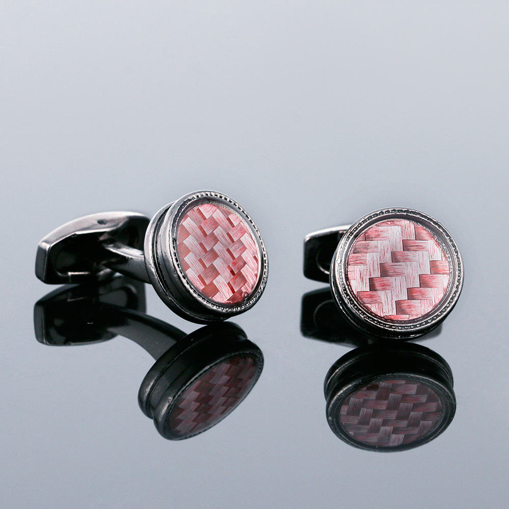 Metal Jewelry Cross-Border Simple Red Stripesd Gun Gray Round Men's Shirt Cufflinks 1 Pair Ready for Delivery