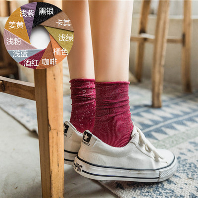 2019春夏新款日系薄款天鹅绒金银丝袜糖果色堆堆袜纯色中筒女袜子