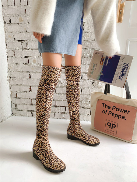 Women’s mid heel boots over knee new plush long tube elastic boots sexy flat bottom side zipper