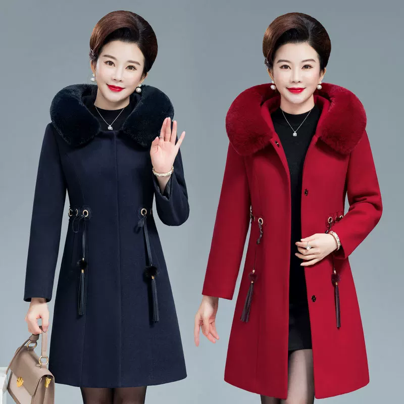 Д demi-season down jacket for mother, long woolen coat, increased thickness, for middle age, mid-length