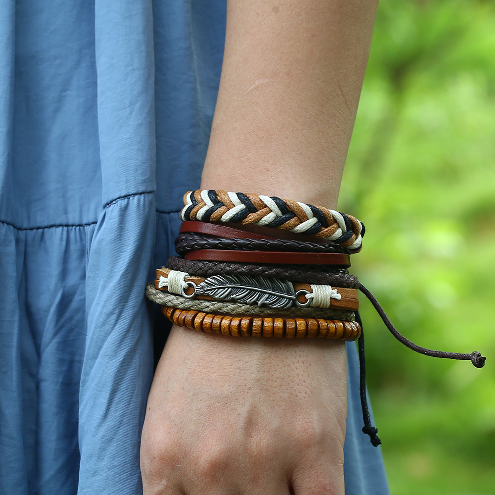 New retro woven leather bracelet simple diy multiple combination three-piece leather bracelet