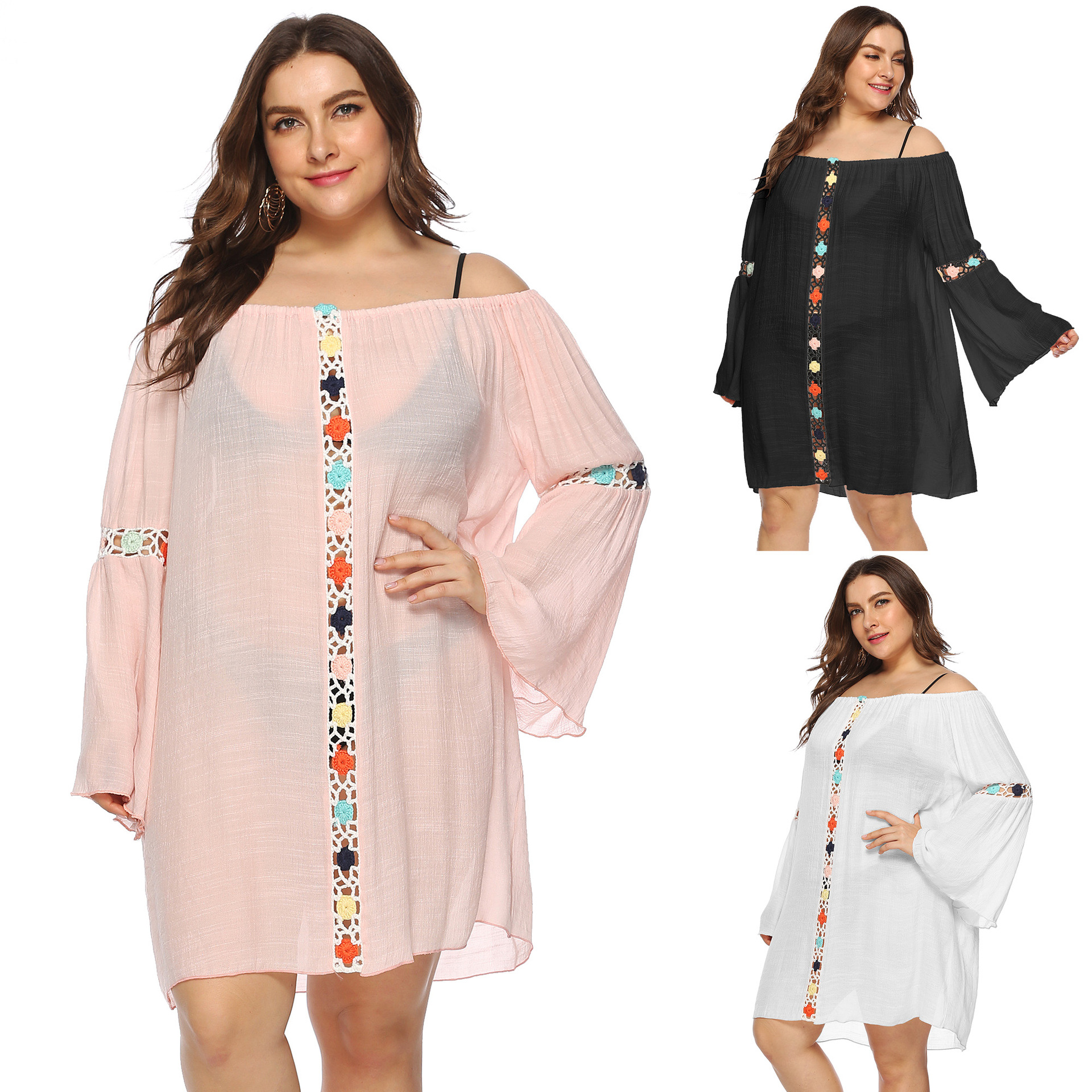 Plus Size Trumpet-sleeved One-word Collar Crocheted Loose See-through Beach Cover-up display picture 1