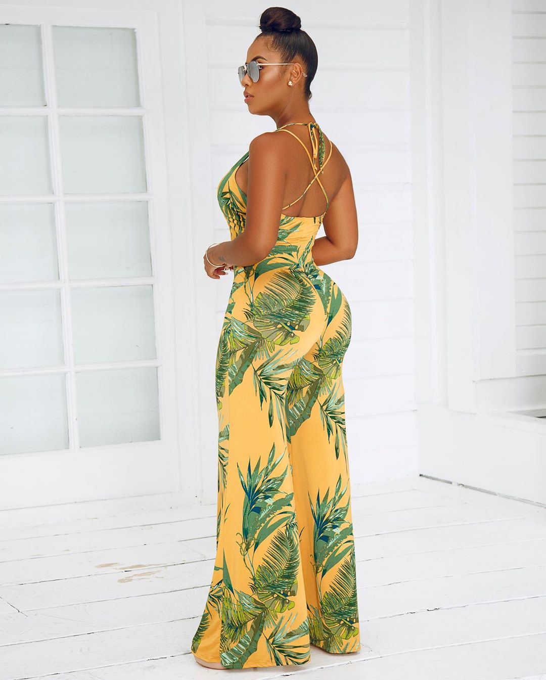 print wrap chest hanging neck backless wide-leg jumpsuit NSFBS125997