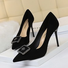 825-9 European and American Style Sexy thin high heels women's shoes thin heels high heels suede shallow mouth pointed metal buckle single shoes