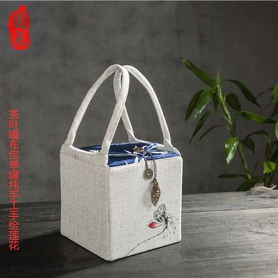新款纯手绘山水莲花茶叶包装礼盒送礼通用单罐双罐茶叶罐收纳袋