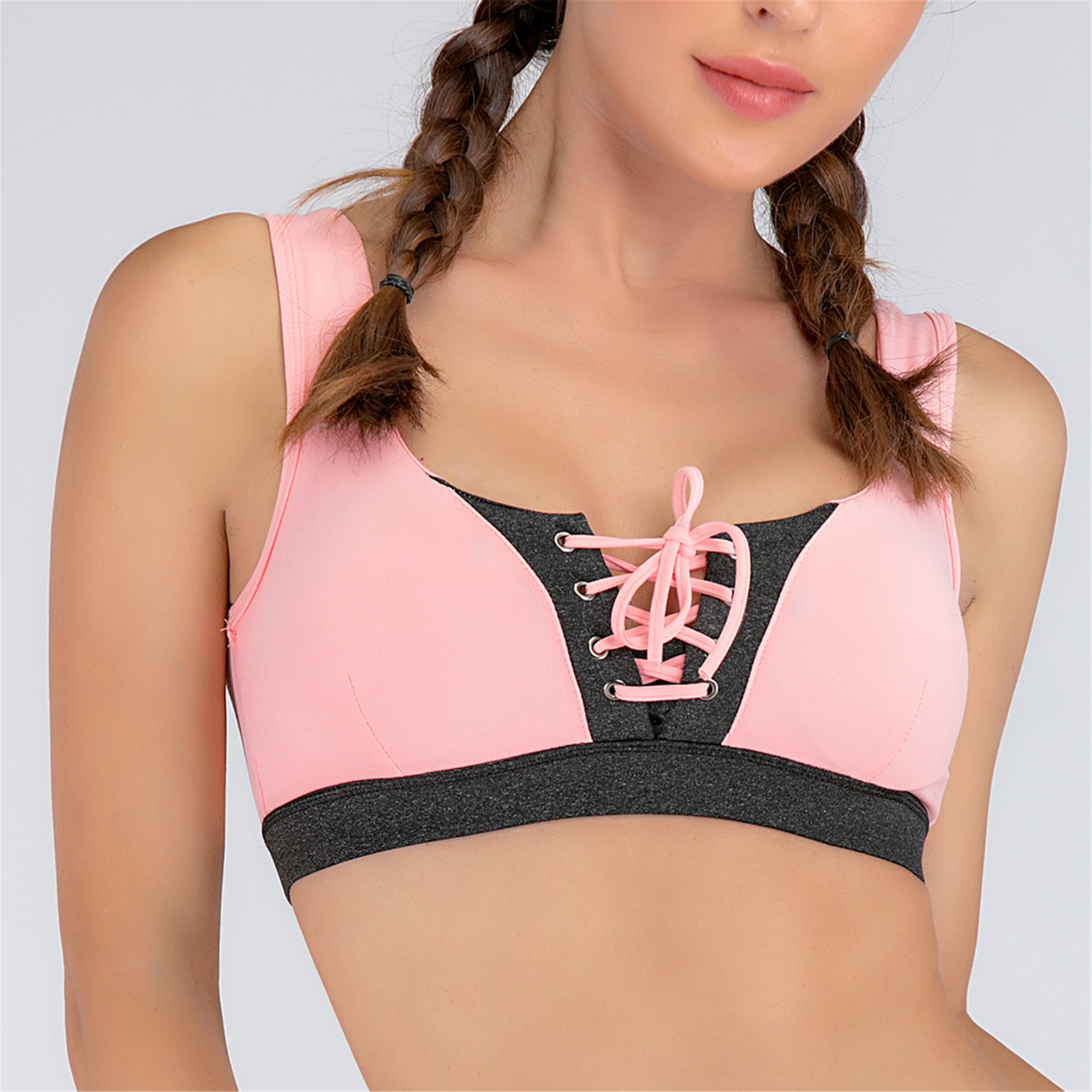 跨境新款錦綸無鋼圈前中綁繩運動內衣 瑜伽跑步防震運動文胸Bra