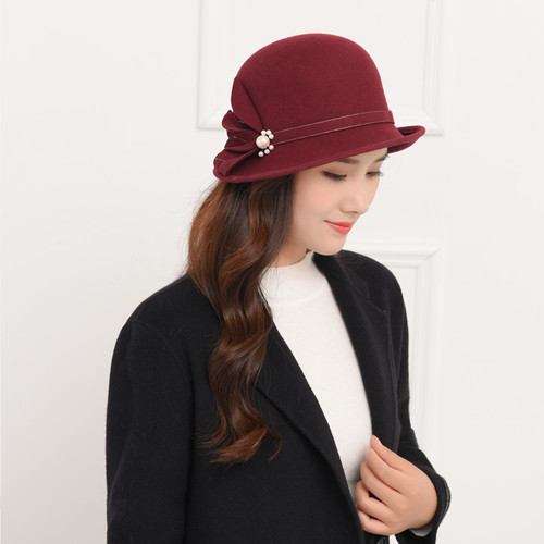 Party hats Fedoras hats for women Women handmade flower curled wool top hat pearl hat