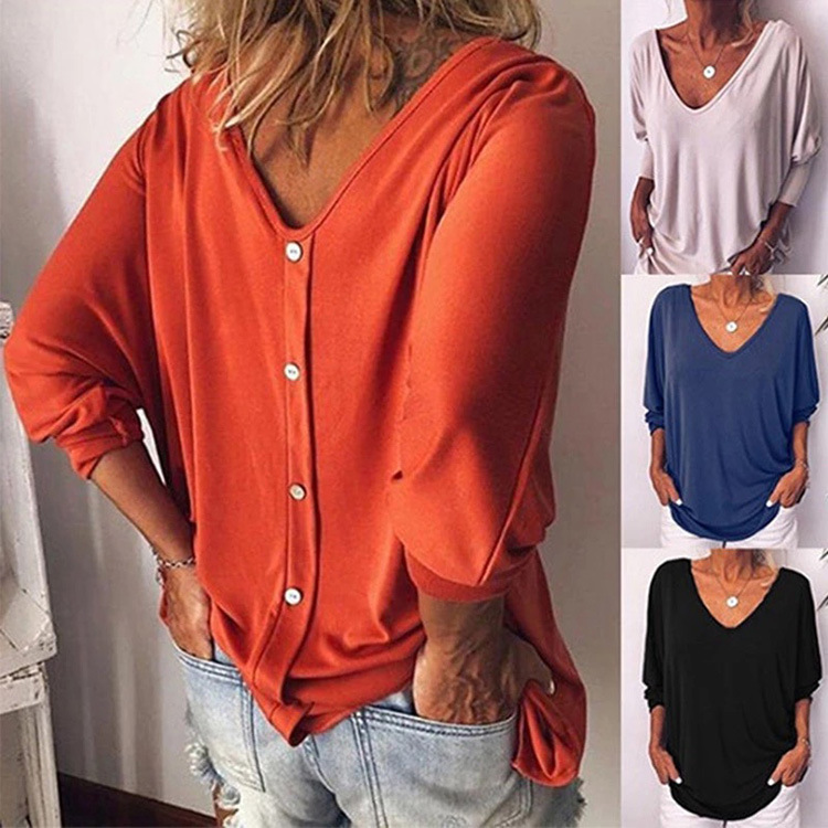 Fashion Solid Color Polyester V Neck 3/4 Length Sleeve Batwing Sleeve Button T-shirt display picture 17