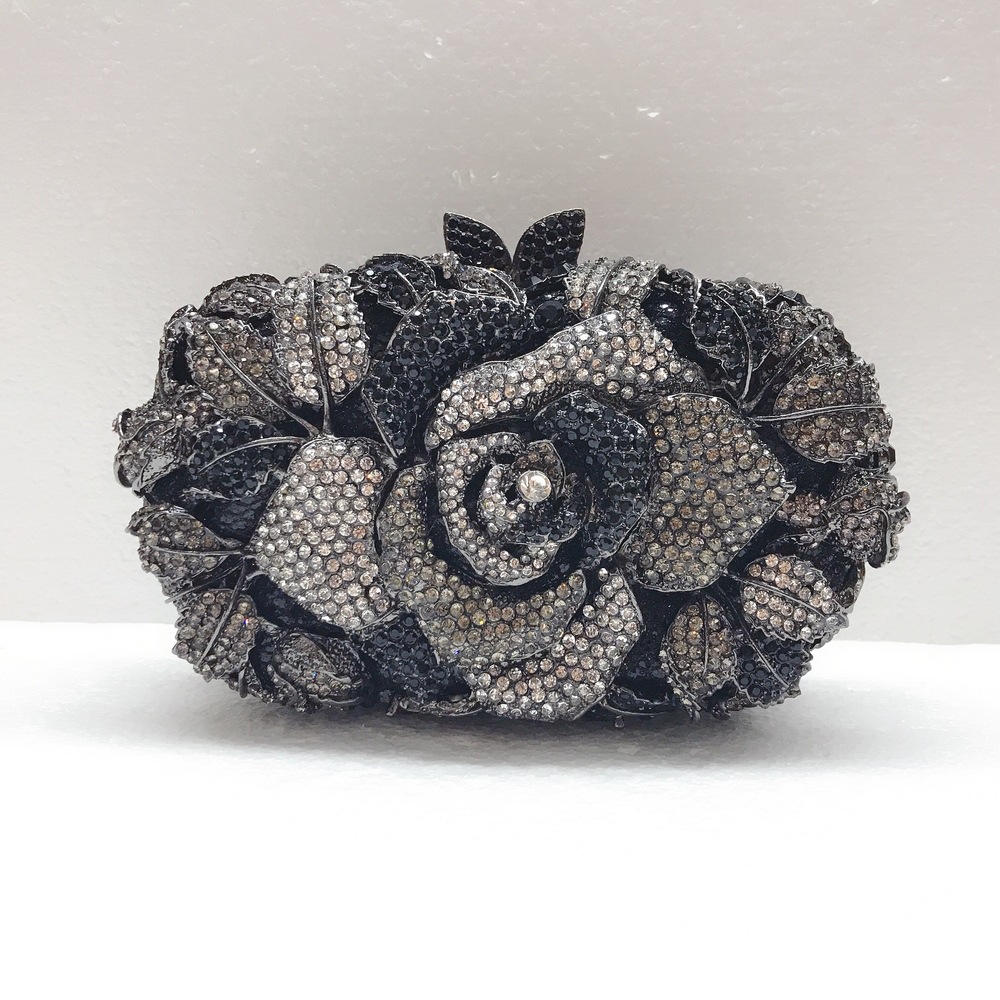 Túi clutch nữ đính kim cương hoa rỗng dạ tiệc — Nền vàng kim cương trắng, Đế vàng kim cương, Màu vàng kim, Màu đen chi tiết 3