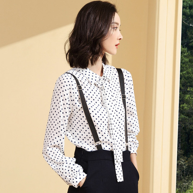 Chiffon Long Sleeve Polka Dot Shirt women’s Korean bow ribbon elegant printed shirt