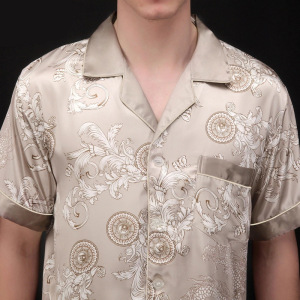 爆款纺真丝男士睡衣春夏季两件套装龙袍纹理短袖长裤家居服TZ033