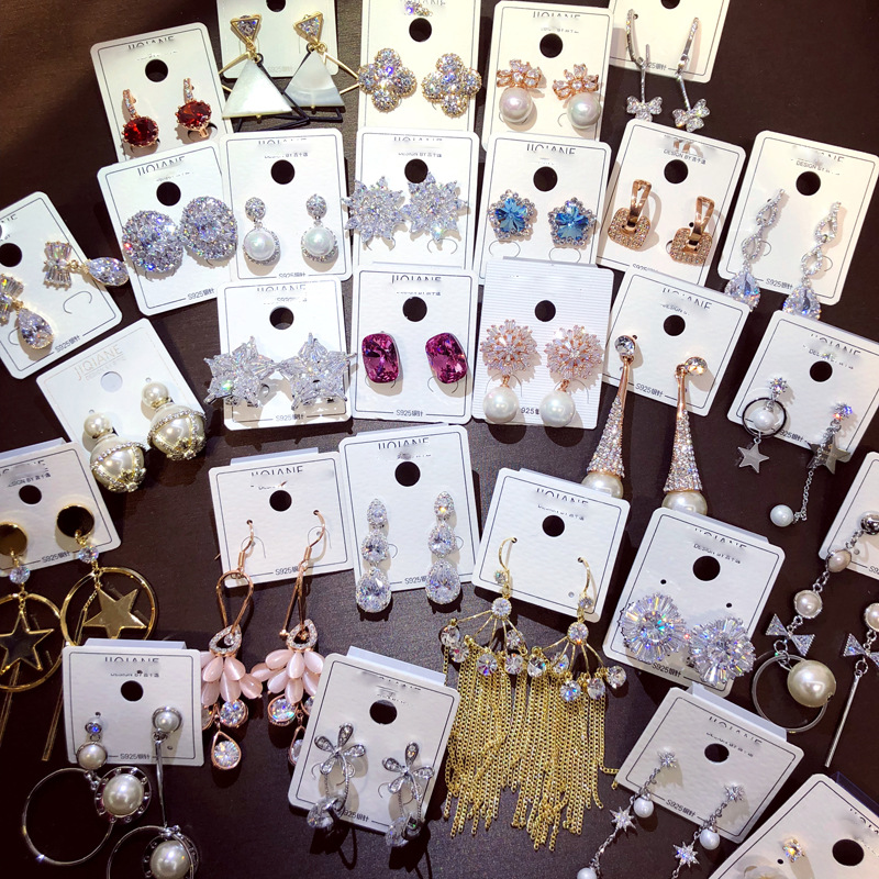 S925银针耳环铜质微镶锆石耳坠镀真金保色高档耳饰品品牌库存货源|ru