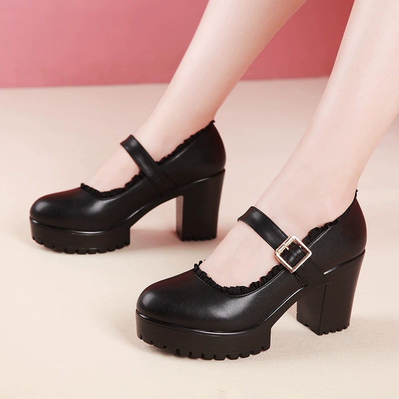 Осенние туфли на высоком каблуке и массивном каблуке с круглым носком для подиума, женская модель Чонсам на платформе, одиночные туфли больших размеров, черные рабочие туфли