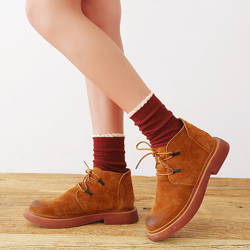 Duidui Socks for Women Japanese Double-needle Vertical Striped Lace Small Lace Women's Socks Autumn and Winter Solid Color Short Boot Socks Wholesale