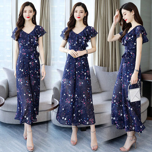 Fashion  Broad-legged Pants Suit Printed High-waist Chiffon Dresses  