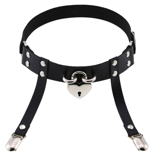 Trendy Japanese and Korean Harajuku soft girl peach heart love lock garter punk leather handmade elastic thigh ring