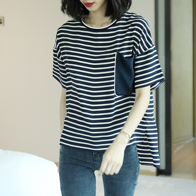 Silk T-shirt women’s multi panel pocket fashion color contrast short sleeve loose STRIPE TOP
