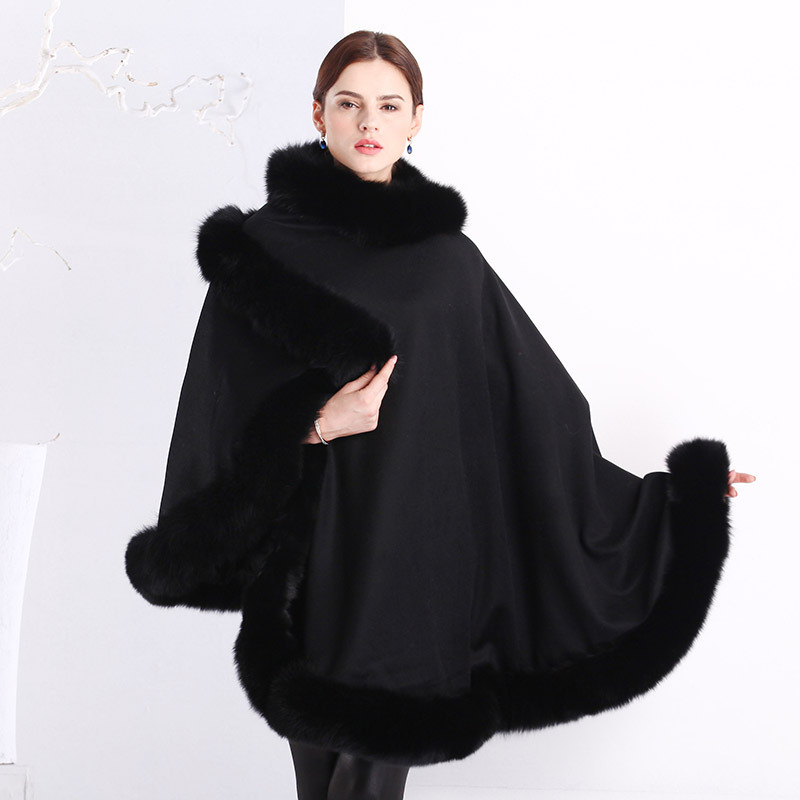 欧美羊毛披肩斗篷 真皮草狐狸毛装饰|ru