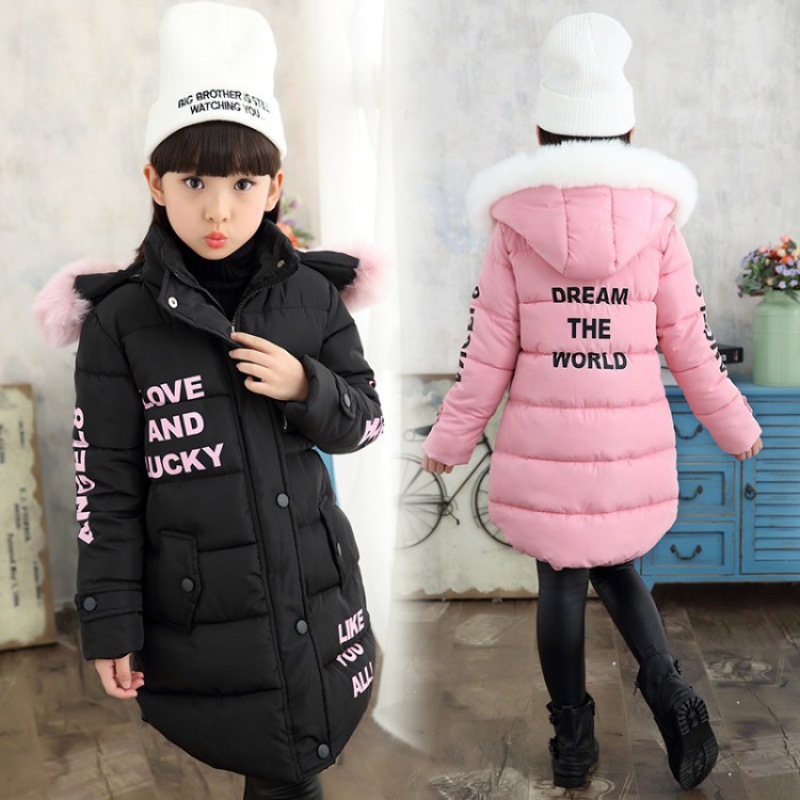 Cross border children's clothing foreign trade winter 2022 winter letter large wool collar hooded girls' cotton padded jacket thickened middle and large children's cotton padded jacket